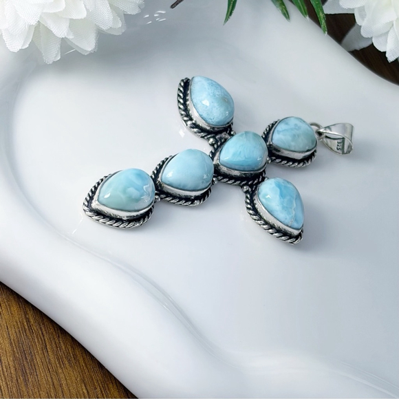 XL Larimar Cross Pendant Necklace Southwest Navajo Style Sterling 925 Overlay - Picture 5 of 7